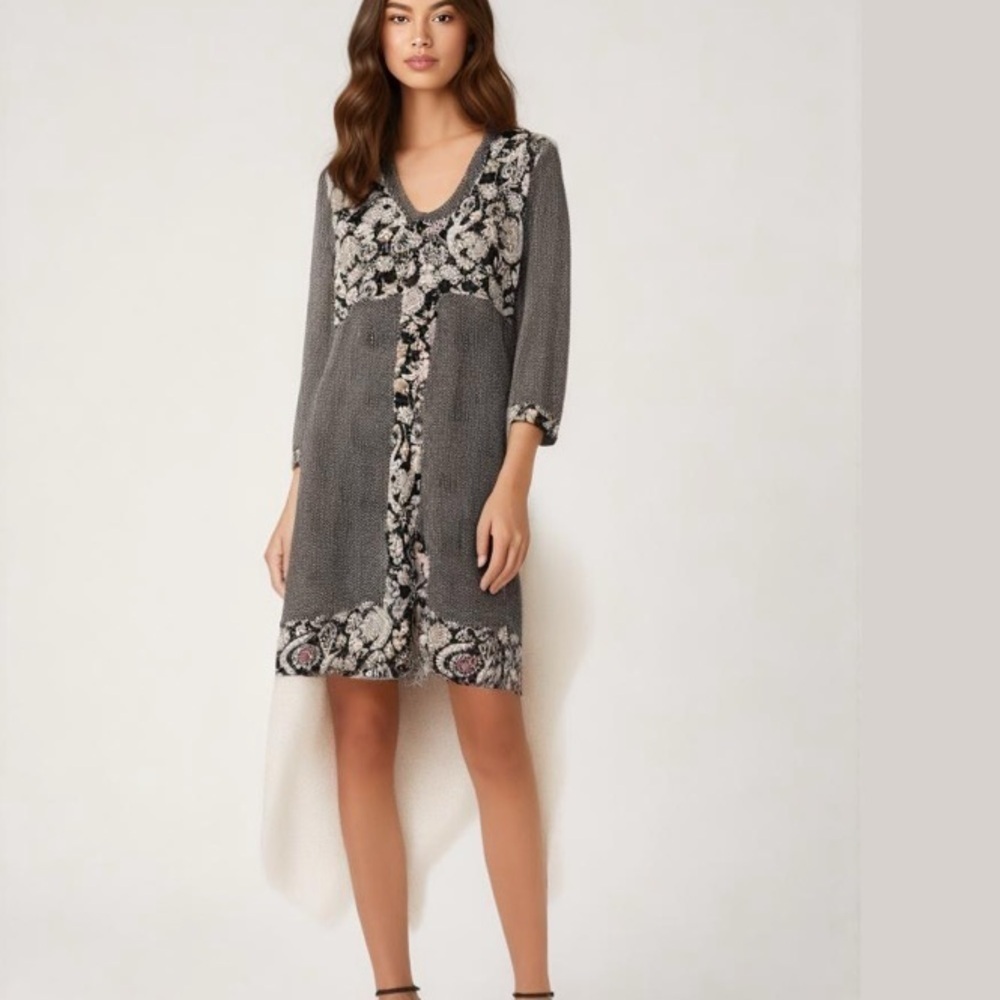 Boden Mollie patchwork polka dots V-neck black Arabesque midi dress size 6R - Picture 2 of 14